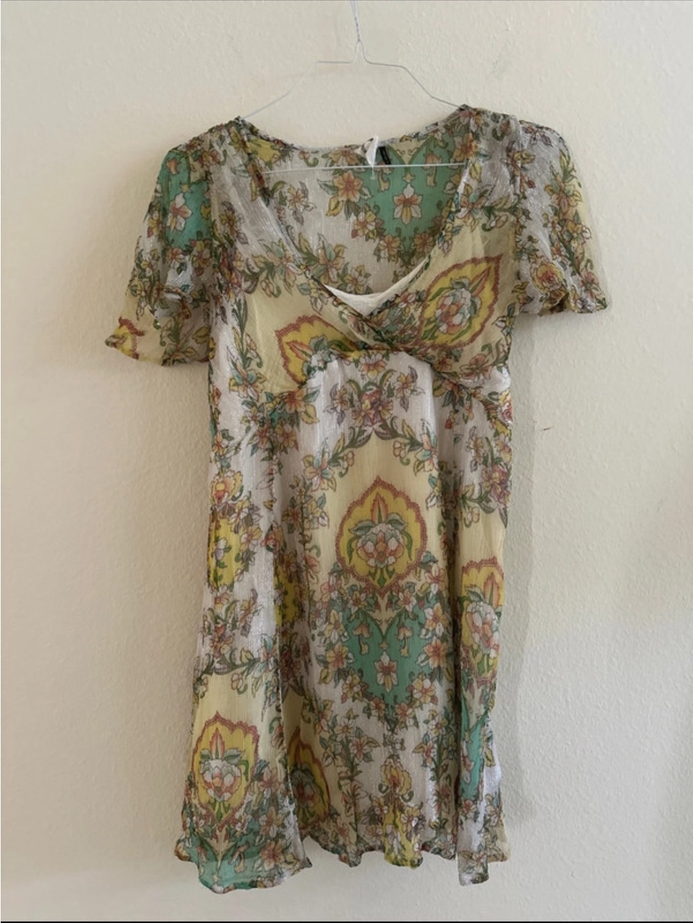 Anthropologie Sheer Floral V-Neck Tunic in Green, Yellow & Cream
